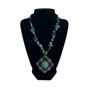 Faux Turquoise Black Beaded Necklace Silver Tone Enamel Pendant 19" Ornate